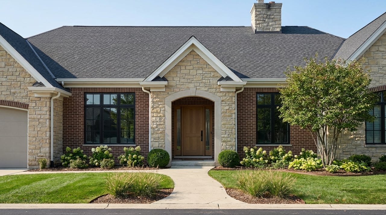 Upscale villa entry with a stone-and-brick façade, arched doorway, and manicured plantings.