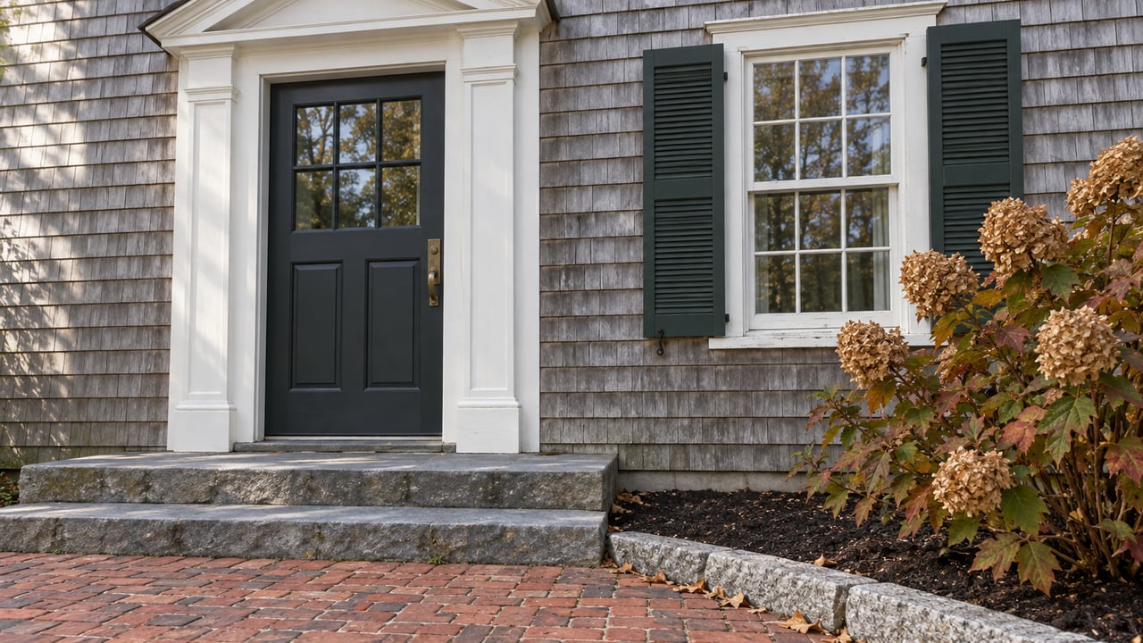 Cedar-shingled home entrance with a charcoal door, shuttered sash window, bluestone steps and autumn oakleaf hydrangea beside a brick walk.