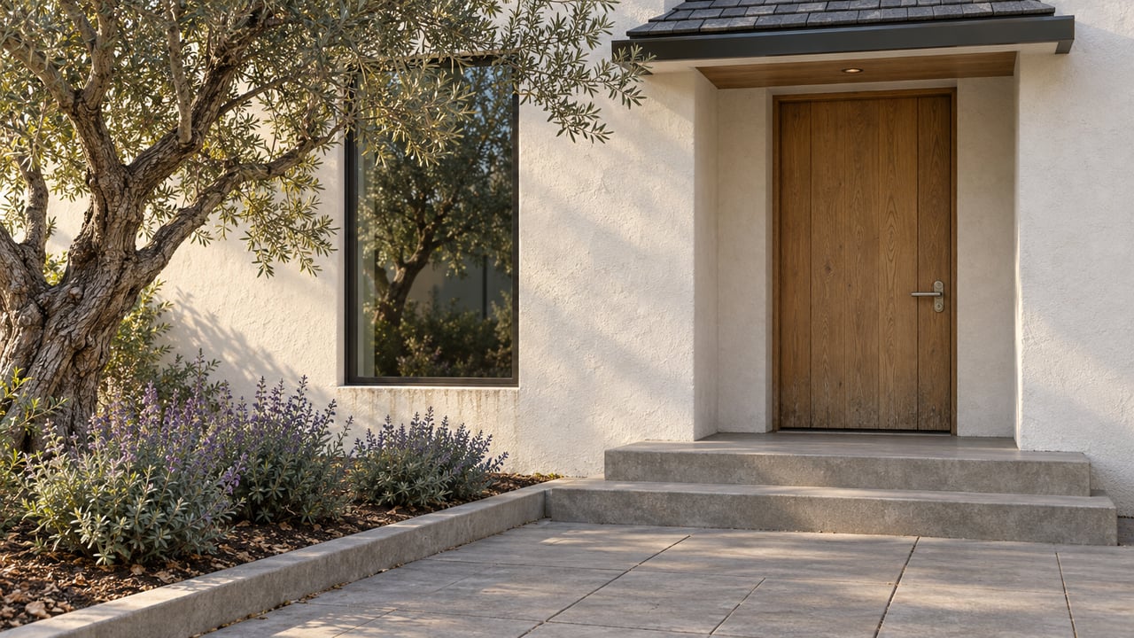 Stucco house entry with recessed oak door, concrete steps, and an olive tree beside the paver approach.