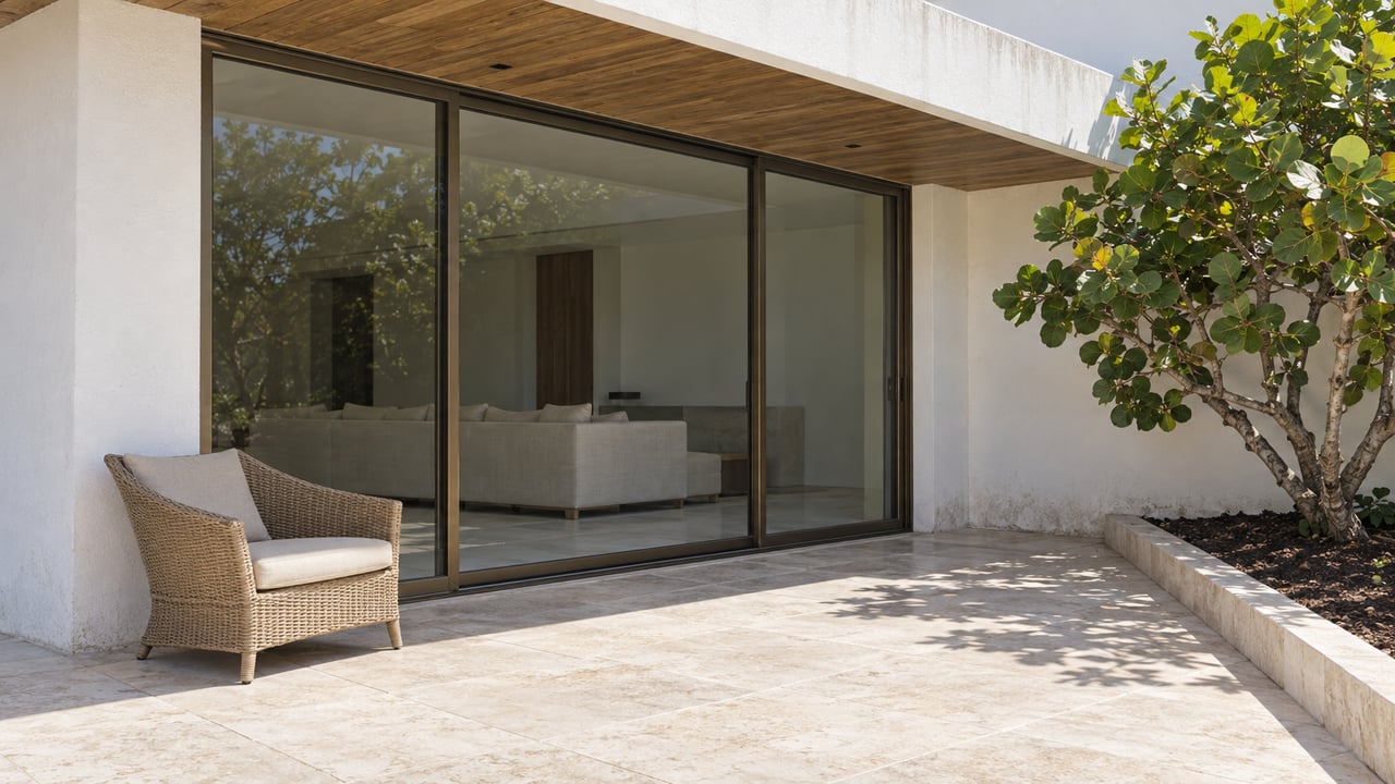 Sunlit white stucco terrace with a timber soffit, closed bronze-framed glass doors, limestone paving, a rattan chair and a broadleaf tree in a raised planting bed.