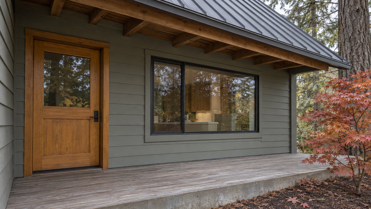Covered entry of a gray-green home with a wood door, broad window, weathered cedar porch and copper-red vine maple.