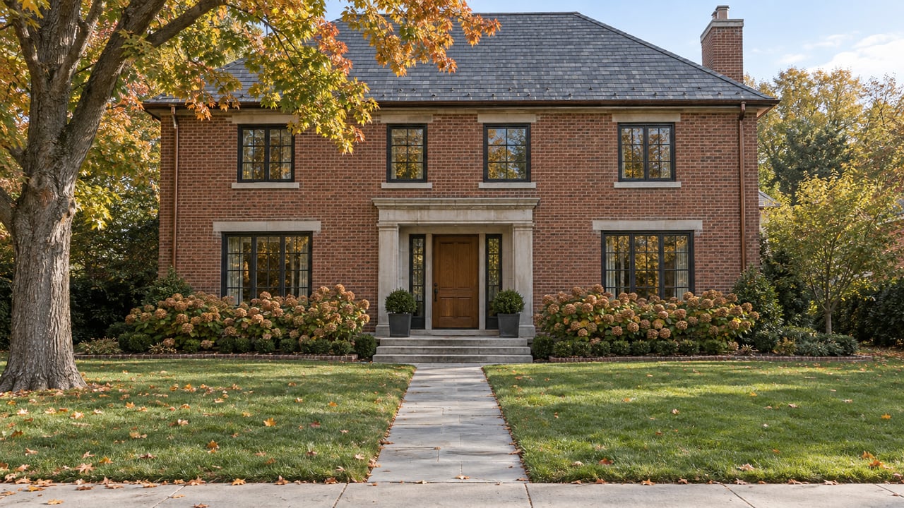 A two-story brick home with a slate roof, limestone entry and deep front lawn beneath an autumn sugar maple.