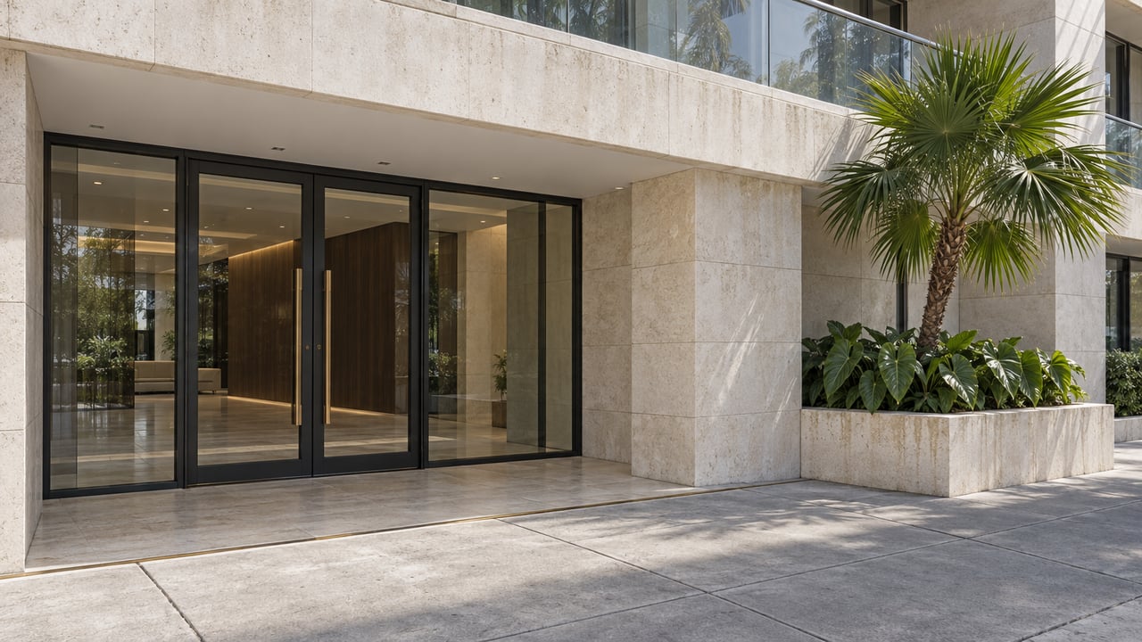 Glazed condominium entrance beneath a limestone canopy, with a fan palm in a raised planter beside the sidewalk.