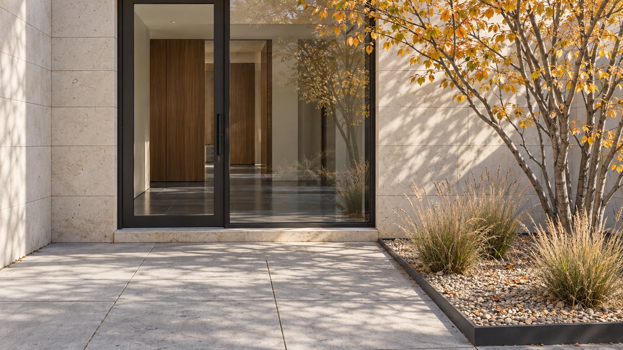 Autumn serviceberry beside a limestone home's glass entry, with gray paving and a steel-edged gravel planting bed.
