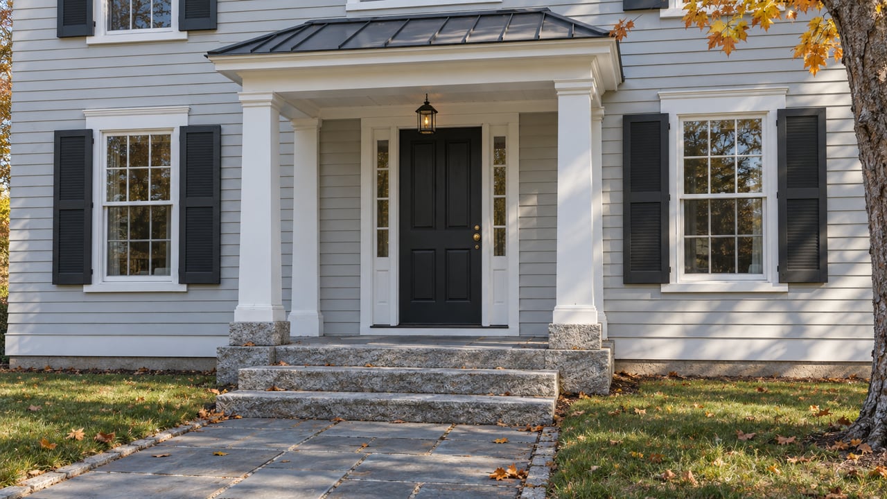 Pale-gray clapboard home with a white timber portico, dark door, granite steps and ochre autumn leaves.