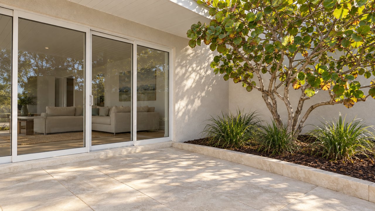 Covered pale-stone lanai beside white-framed sliding glass doors and a sculptural sea grape tree in a curbed planting bed.