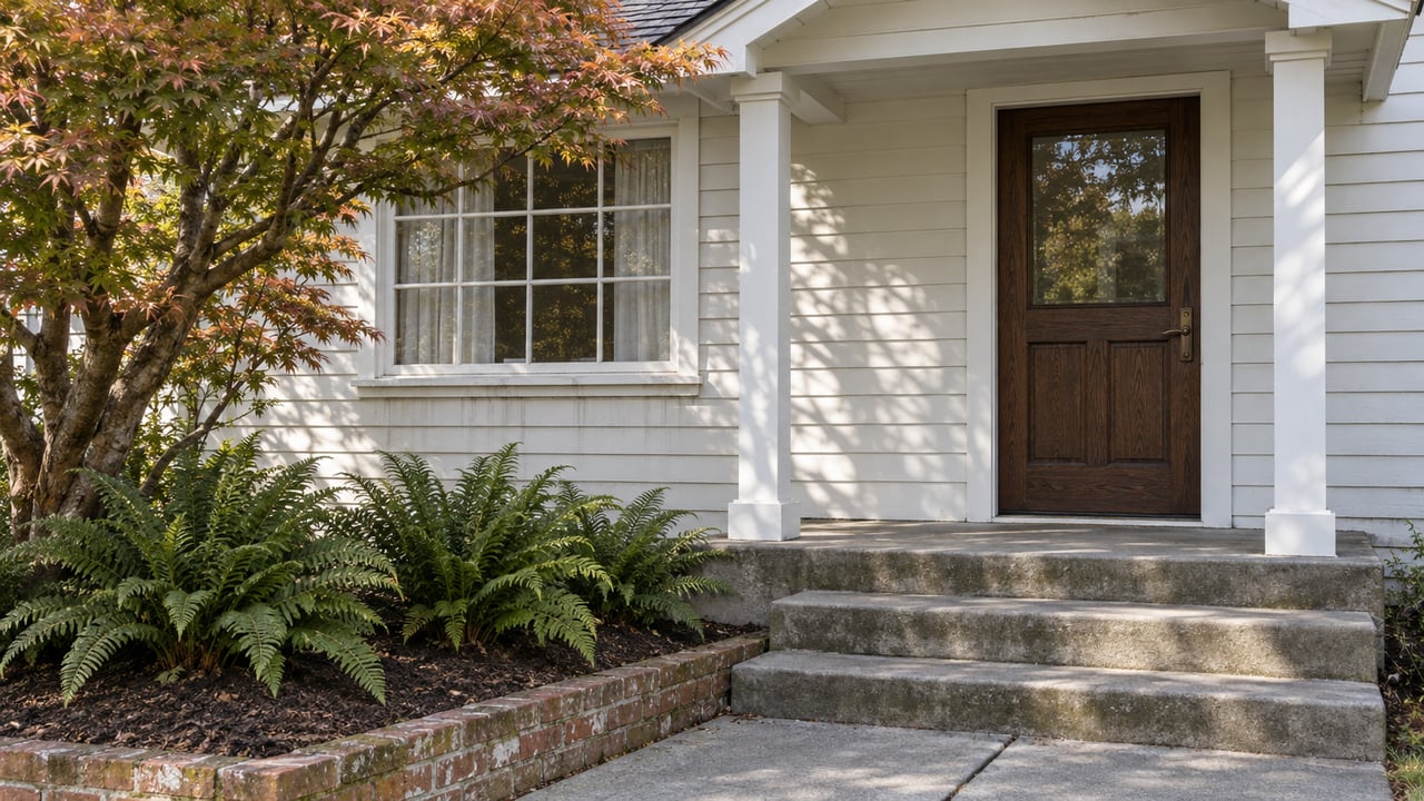White clapboard cottage entry with a dark oak door, multi-pane window, concrete porch steps and a Japanese maple beside a brick-edged fern bed.