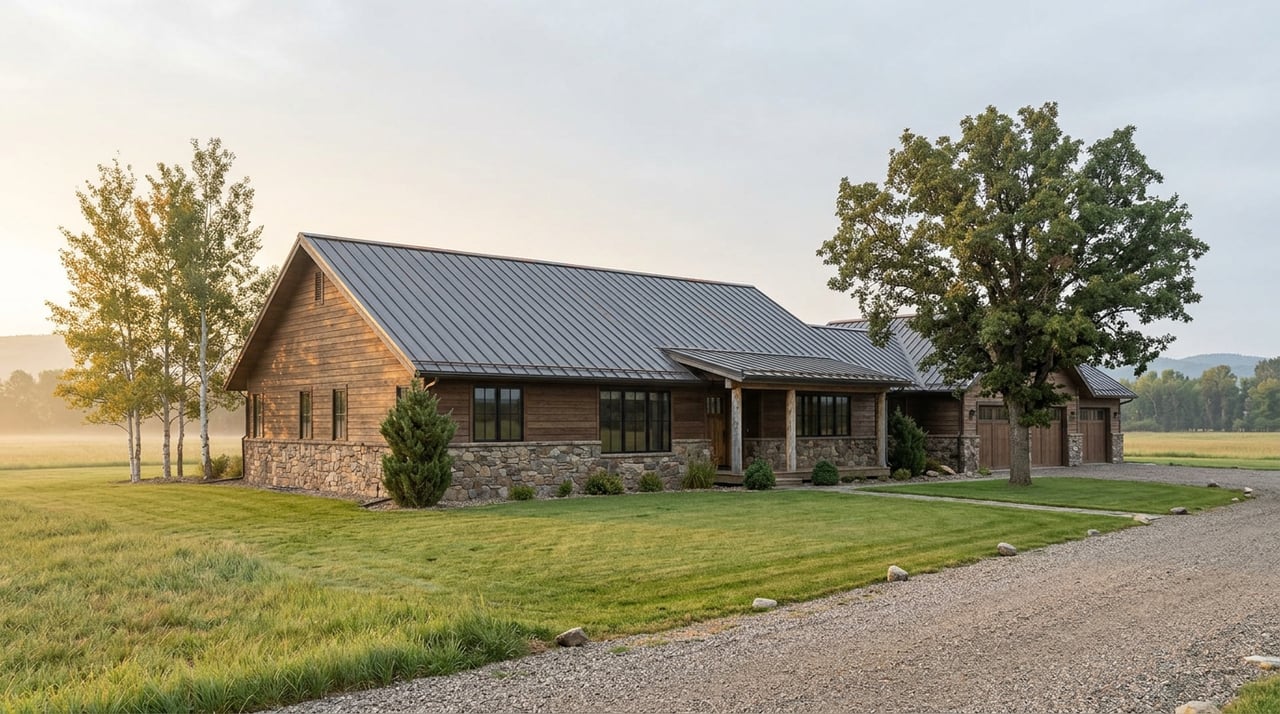 Single-story ranch home with charcoal metal roof, fieldstone walls, timber porch, and golden aspens beside a gravel approach.