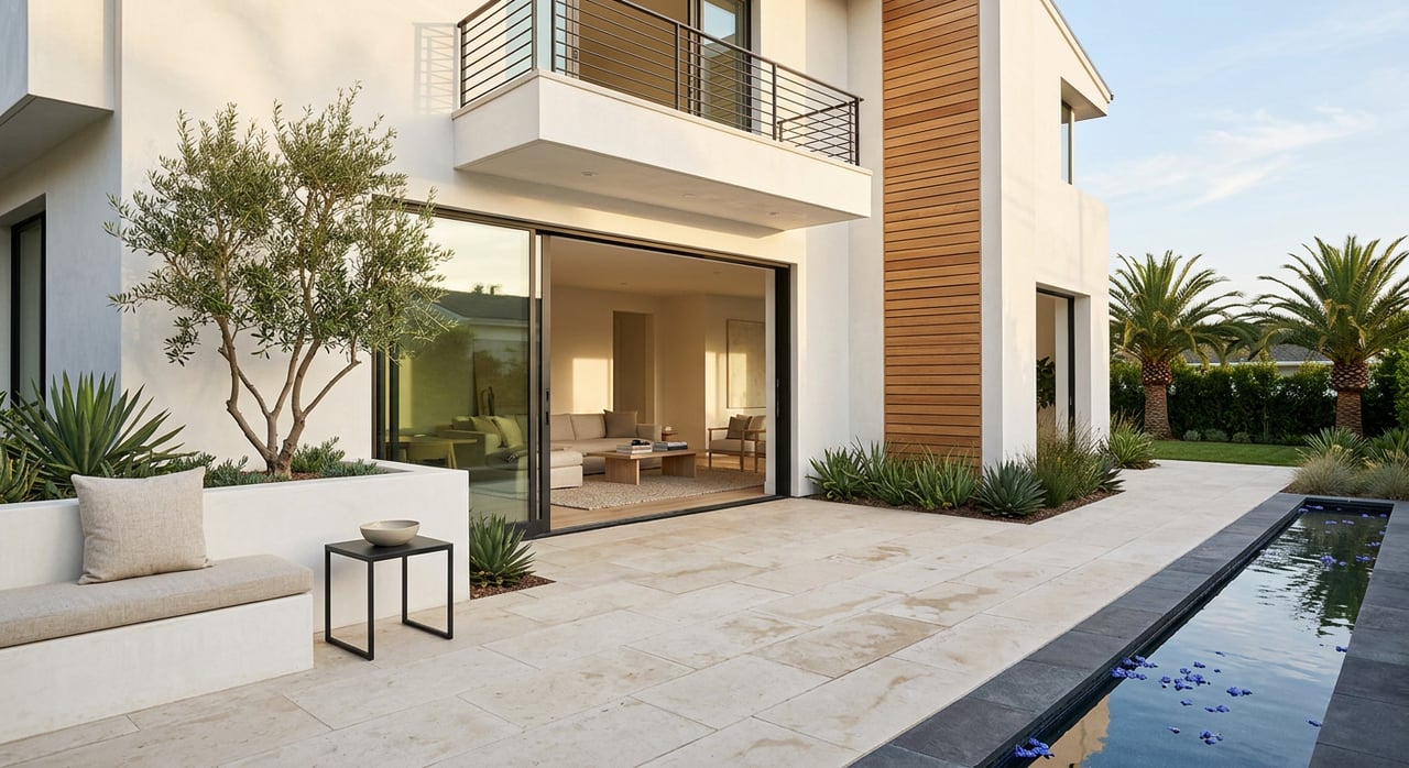 Limestone patio with open glass sliders, stucco bench, cedar panel, olive tree, and palm.