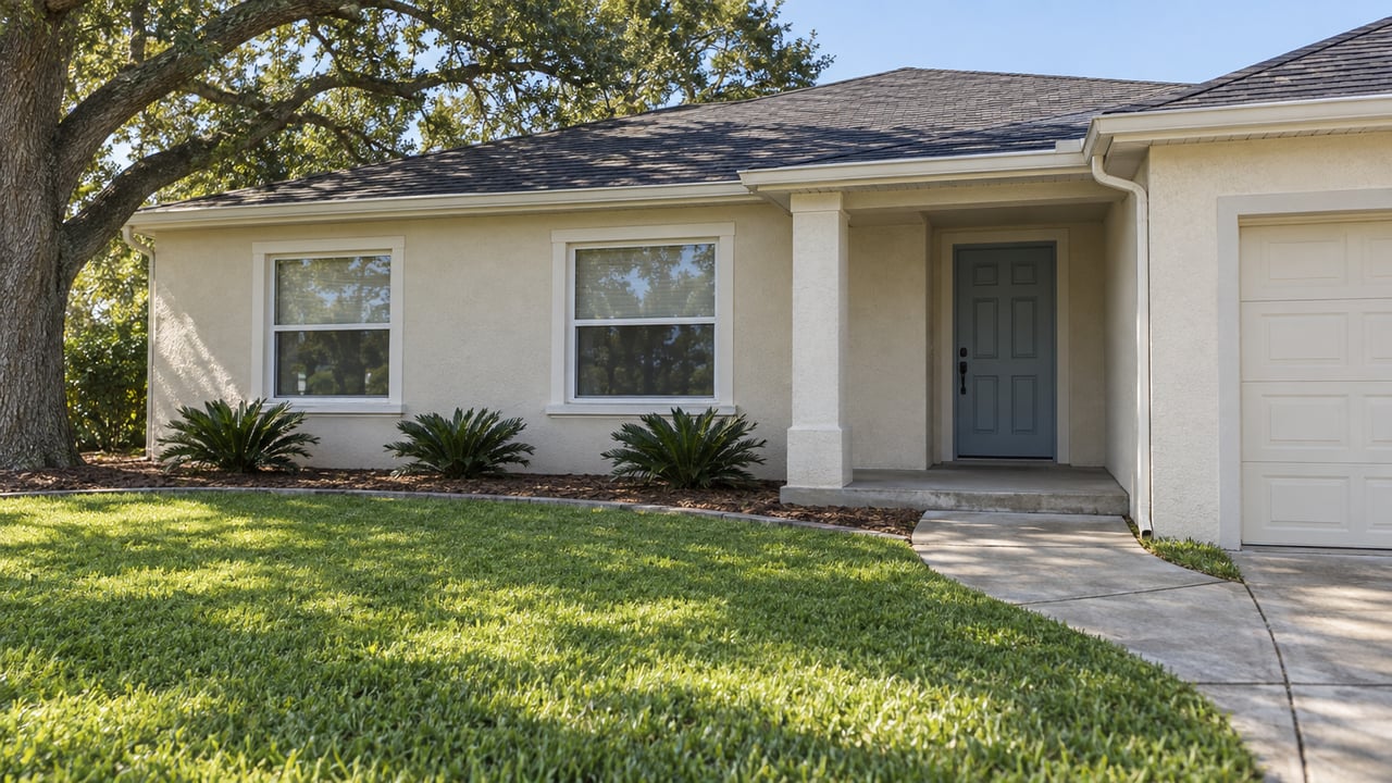 Ivory stucco home with a charcoal hipped roof, recessed blue front door, deep lawn and a spreading live oak.