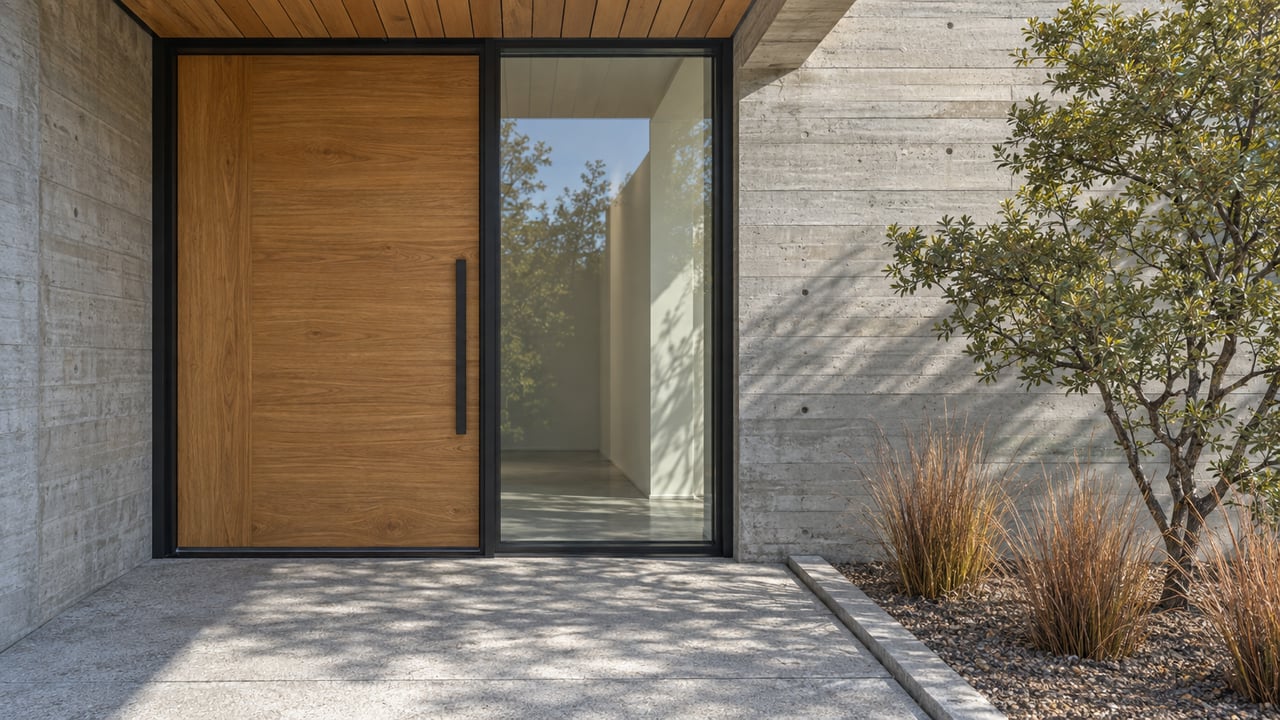 Contemporary home entry with a wood door, framed glass sidelight, textured concrete and a small native planting bed.
