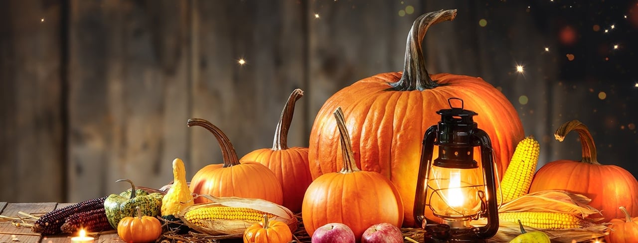Pumpkins, corn, gourds, and apples arranged around a glowing lantern