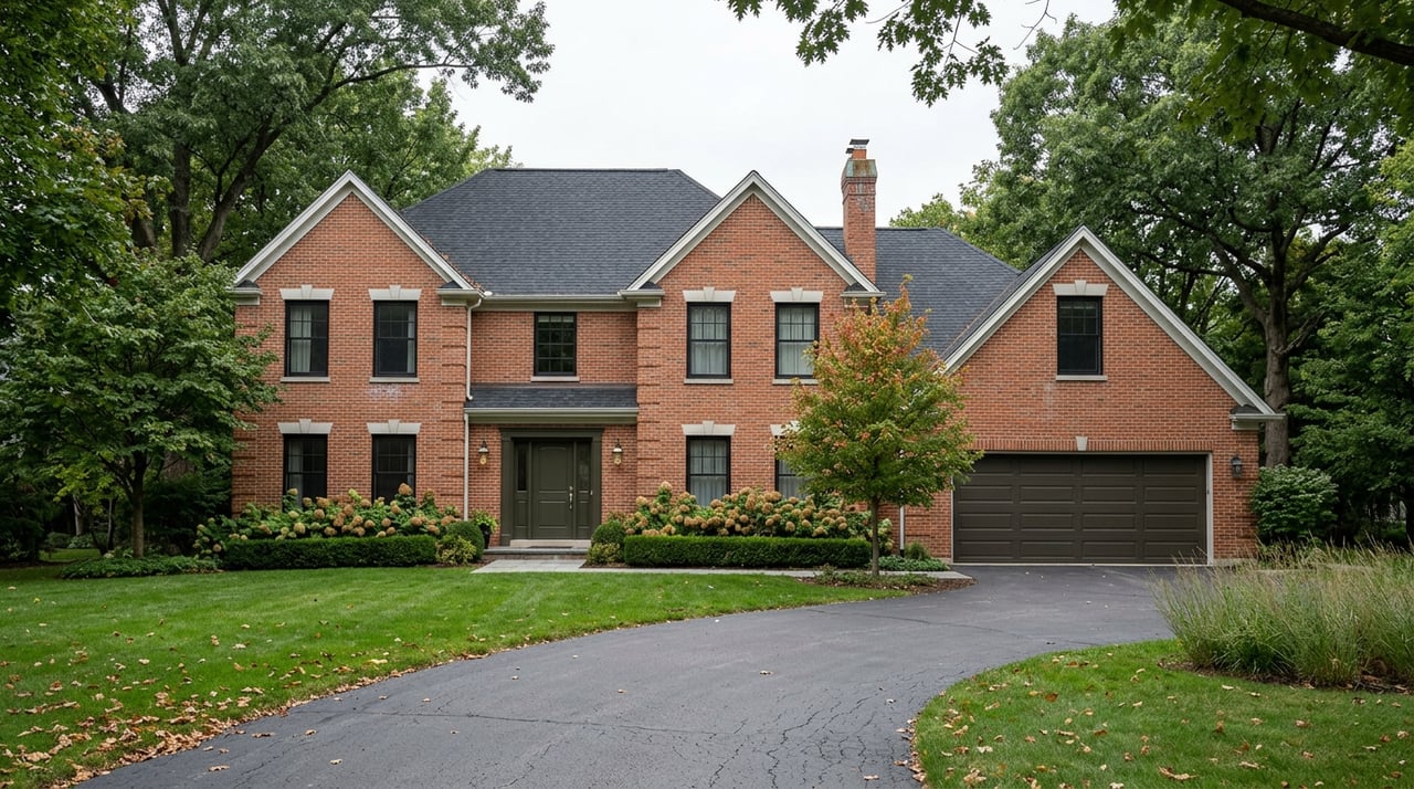 Red-orange brick home with dark gabled roofs, attached garage, curved driveway, and mature trees.