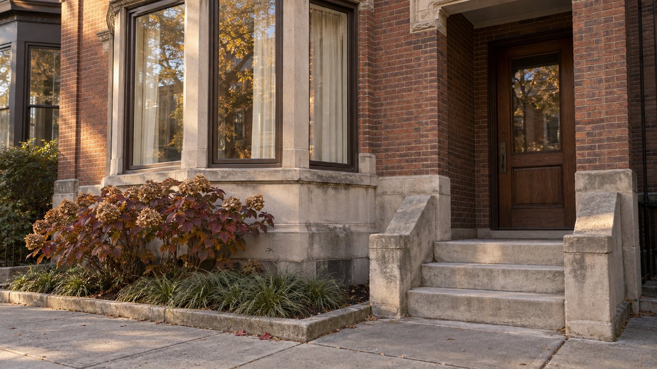 Autumn light on a brick townhome's bronze-framed bay windows, limestone entrance steps and oak door beside burgundy oakleaf hydrangea.