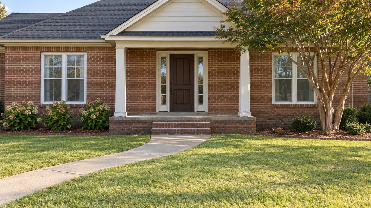 Brick home with a covered front porch, broad lawn, curved concrete walk and mature flowering tree in morning light.
