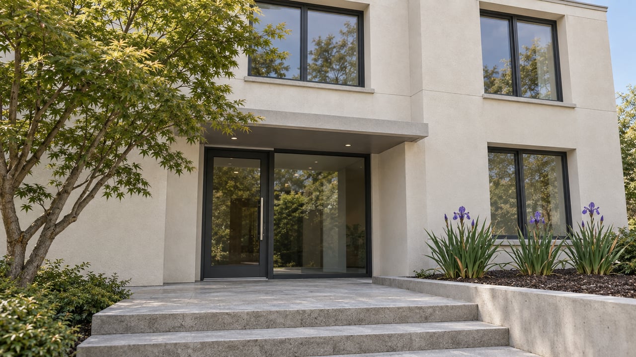 Refined condominium entrance with pale stucco, charcoal window frames, stone steps and a Japanese maple beside a raised planting bed.