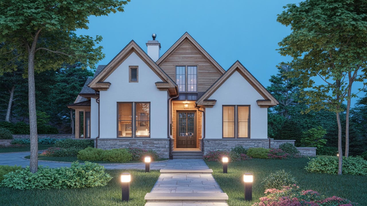 Two-story house with peaked gables, a lit front door, and a stone path lined with garden lights.