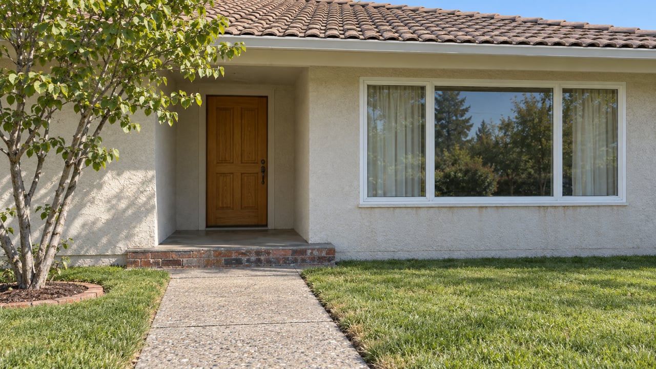 Sunlit stucco ranch home with a recessed timber door, white-framed picture window, brick-edged concrete porch and green front lawn.