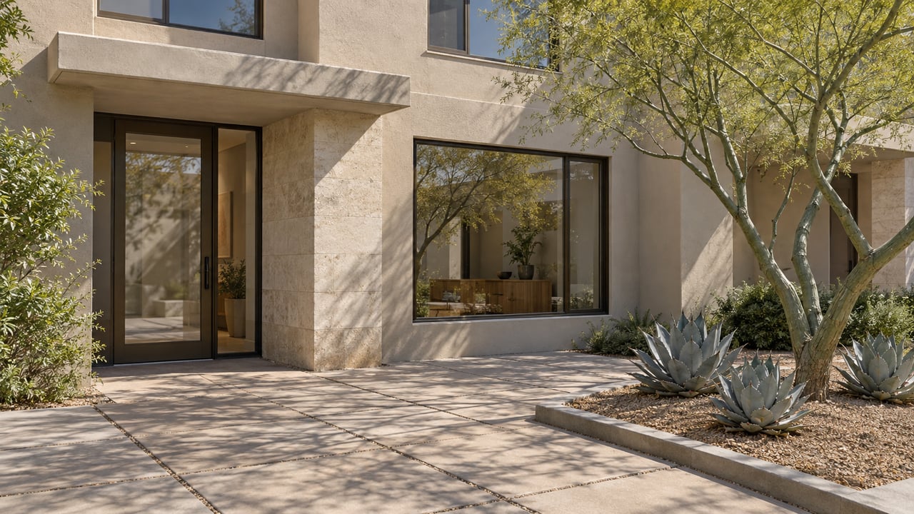 Warm greige condominium facade with bronze-framed glazing, a limestone entry pier and a blue palo verde beside agave planting.