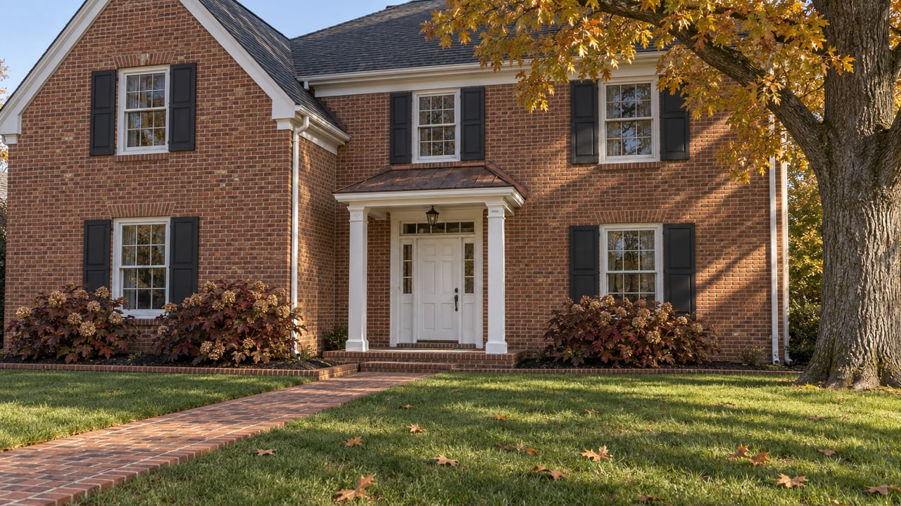 Brick home with white trim and dark shutters beyond a broad autumn lawn, with a brick entry walk and mature oak.