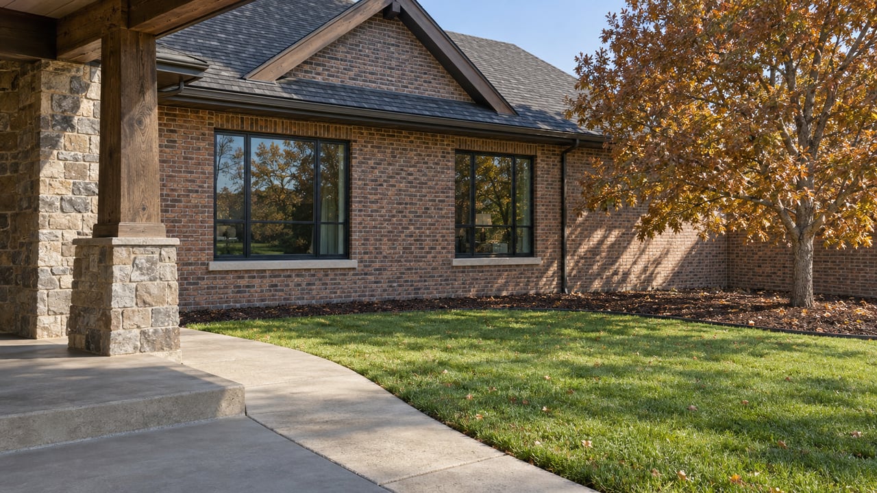 Sunlit brick home with a timber porch, stone pier, deep front lawn, and a bronze-leaved oak in October.