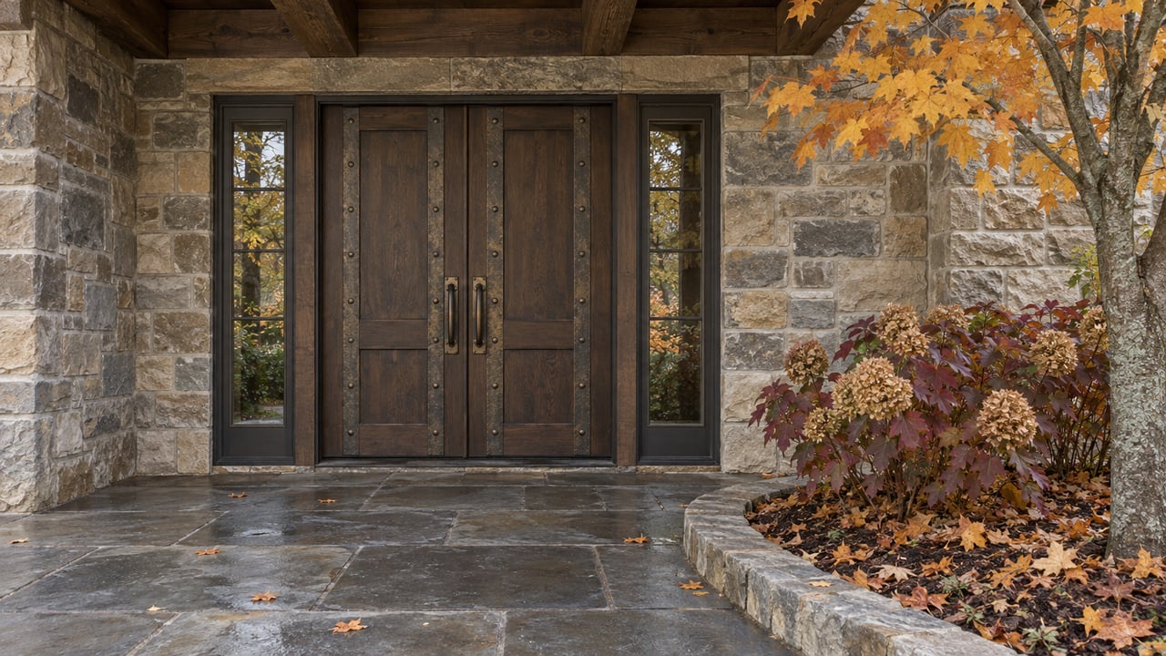 Stone entry with paired bronze-paneled oak doors, a timber overhang, and autumn maple leaves resting in a curved planting bed.