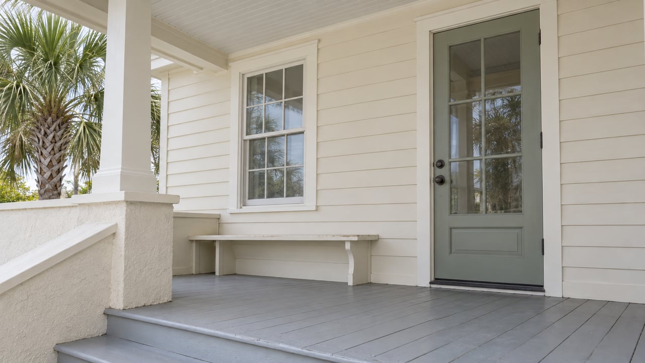 Raised porch with a sage glass-paneled door, divided-light window, built-in bench, and palm beyond a square column.