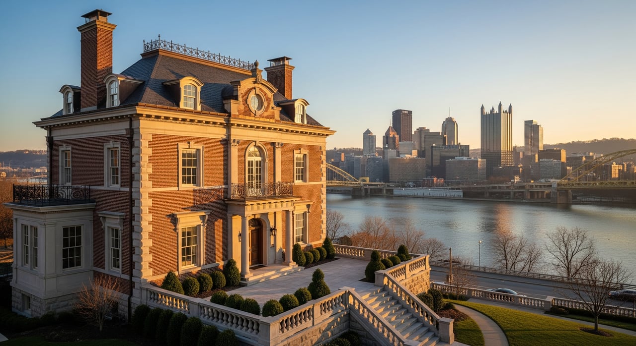 Red-brick mansion with terraced gardens beside a river, with a city skyline across the water.
