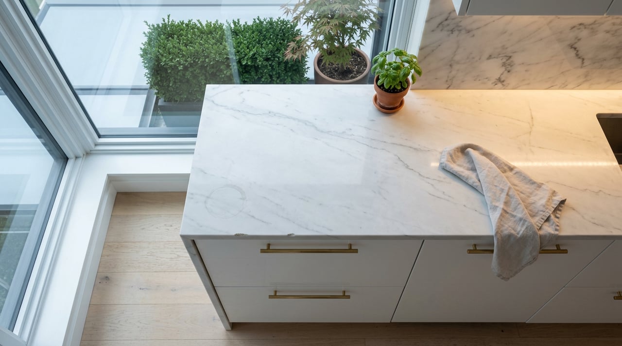 Overhead kitchen island with veined white stone, a folded linen towel, and a terracotta pot of basil.