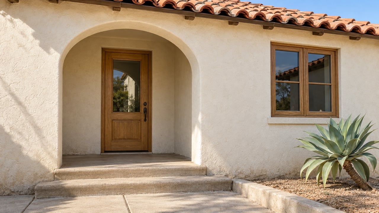 Sunlit ivory stucco home entry with a clay tile roof, recessed oak-and-glass door, concrete steps and one sculptural blue-green agave.