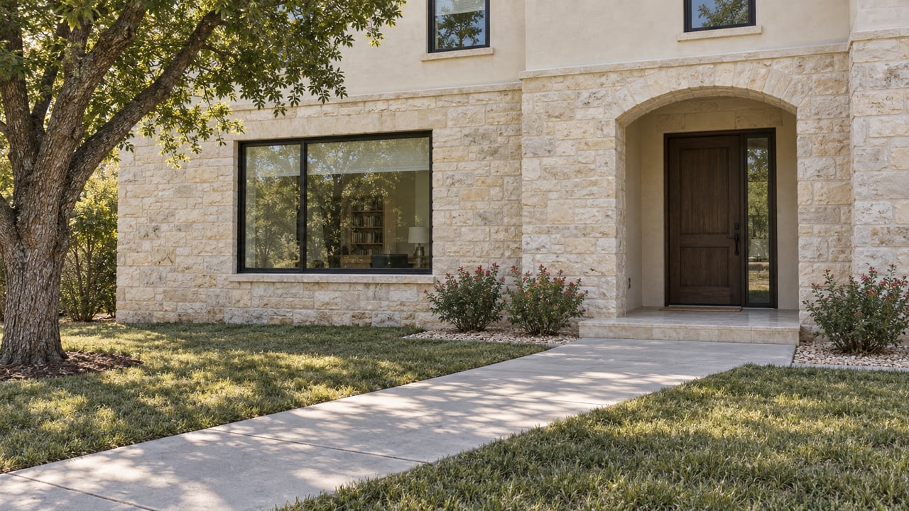 Limestone and ivory stucco home with an arched oak entry, charcoal window frames, and a concrete walk beside a live oak and flowering sage.