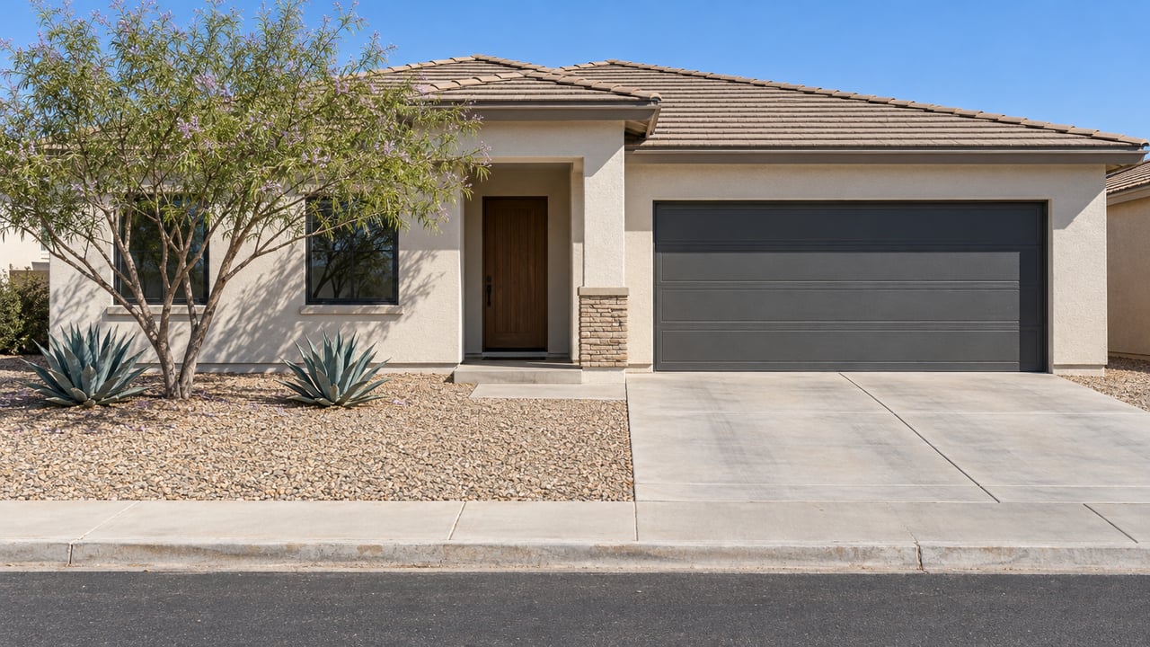 Compact stucco home with a low tile roof, charcoal two-car garage, concrete driveway, and gravel entry garden with a desert willow and two agaves.