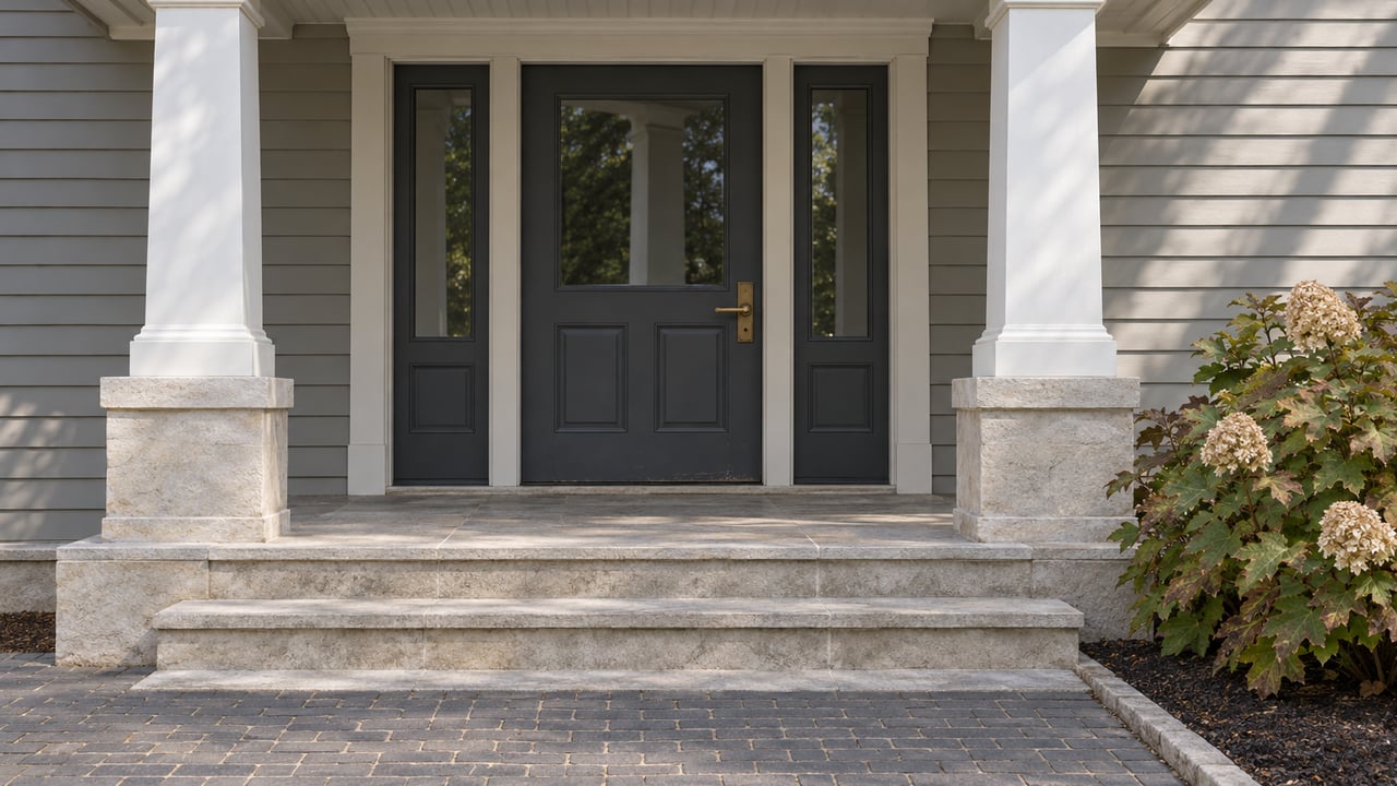 A clapboard home's shaded charcoal front door, paired white porch columns and broad limestone steps beside an oakleaf hydrangea.