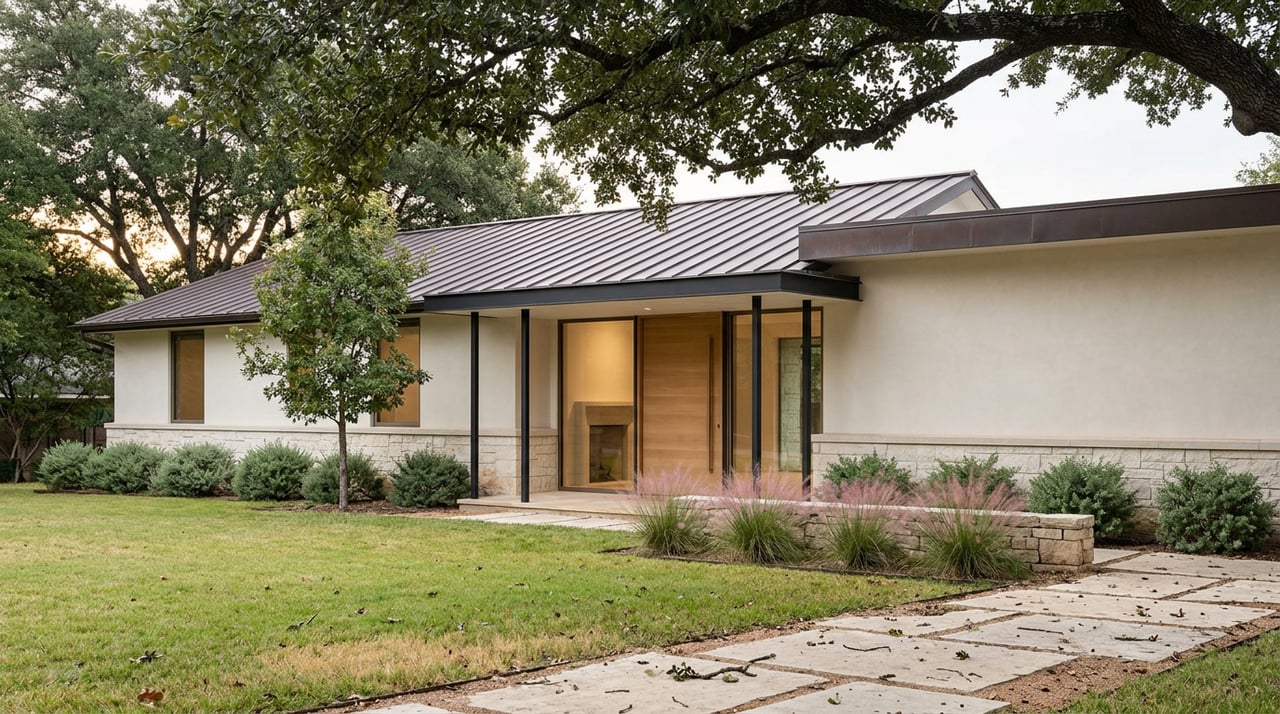 Modern limestone-and-plaster home with an oak pivot door, framed by live oak branches above a lawn and stone path.