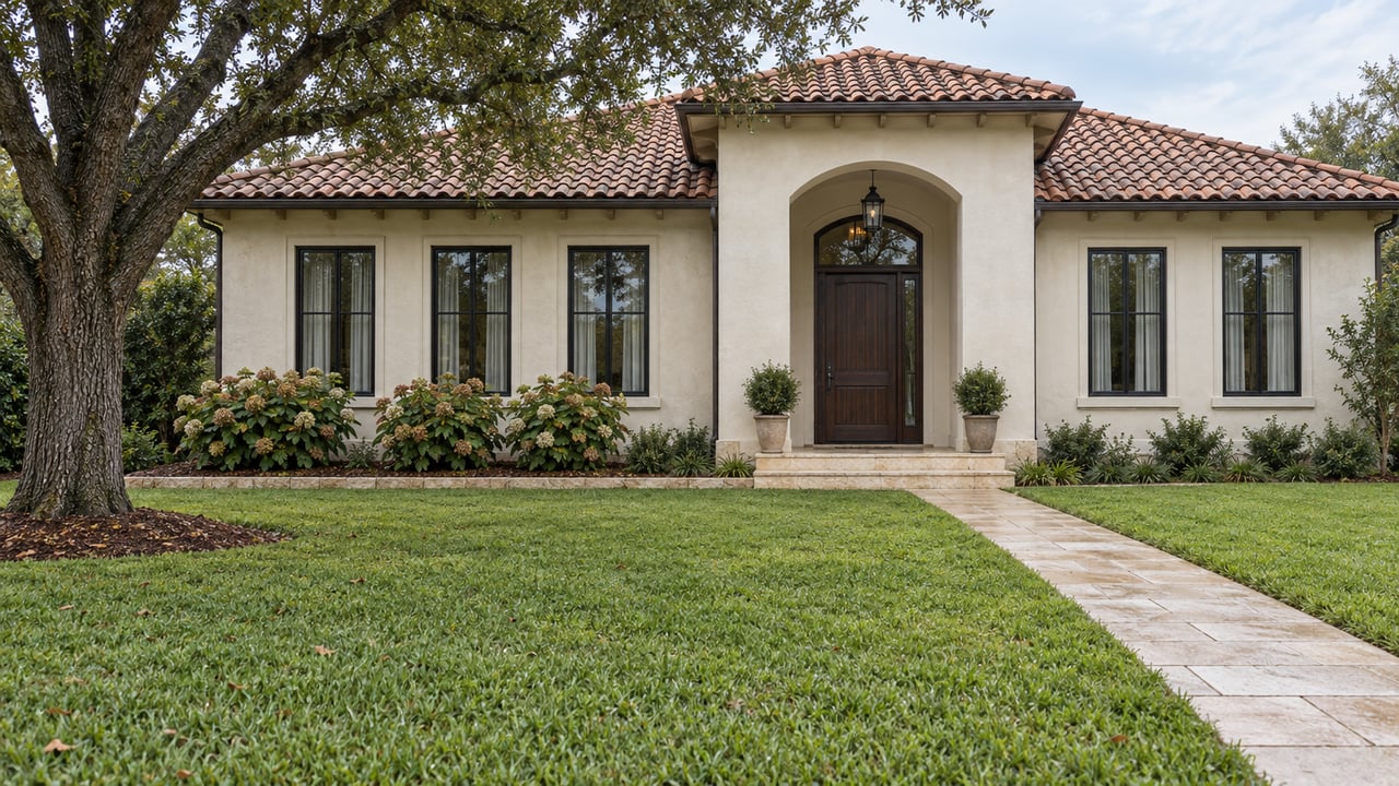 Cream stucco home with a terracotta tiled roof, arched entry, broad lawn and mature live oak after rain.