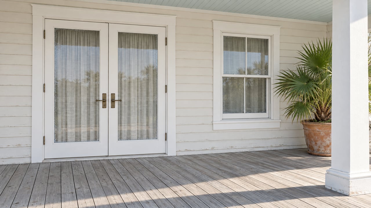 Ivory clapboard home with paired glazed entry doors, pale blue porch ceiling, silvered timber decking and a potted dwarf palmetto.