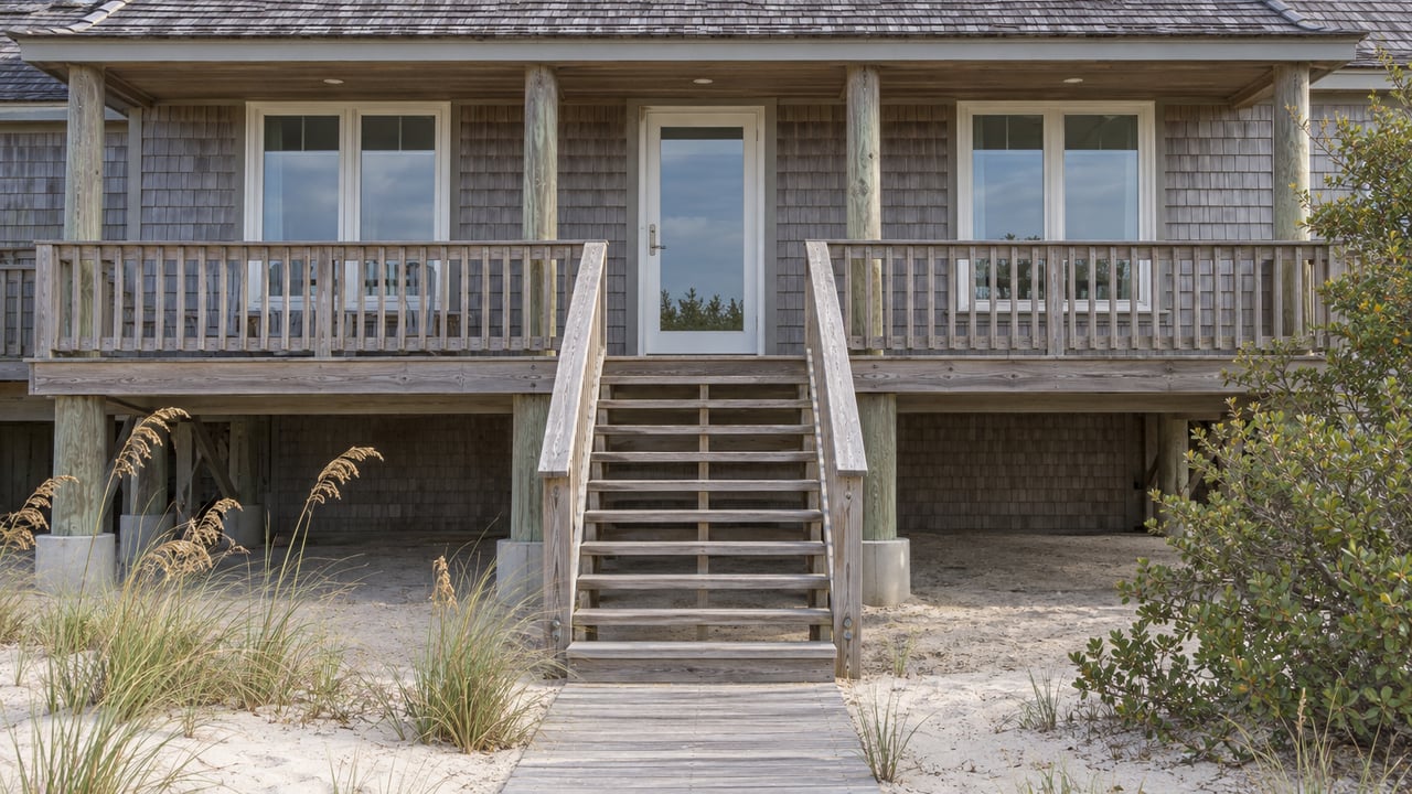 Elevated cedar-shake coastal house with a covered porch, timber stairs, sandy path, and dune grass.