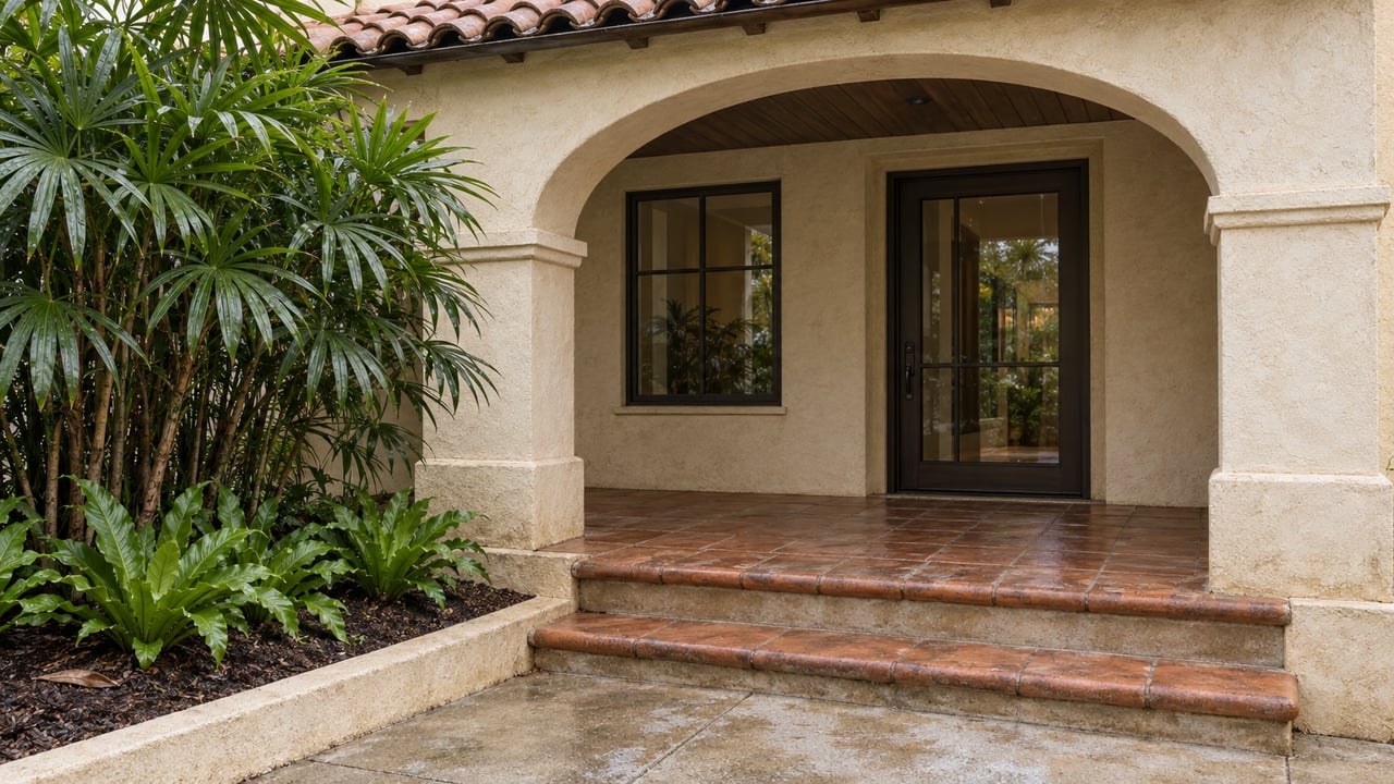 Ivory stucco porch with a broad arch, weathered terracotta steps, dark framed glass door and curated fan palm planting after rain.