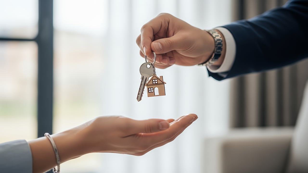 Hands pass keys with a house-shaped keychain from one person to another.