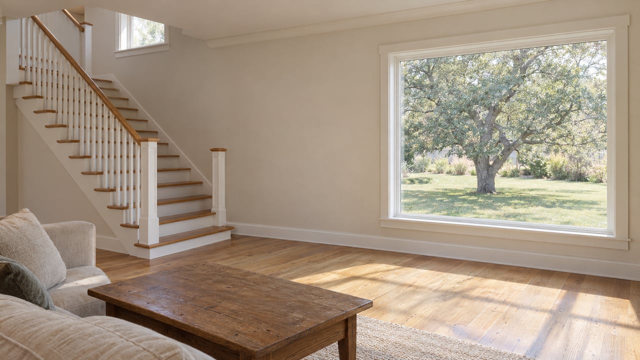 Family room with an oak staircase, oatmeal sofa, and window overlooking a lawn and mature oak.