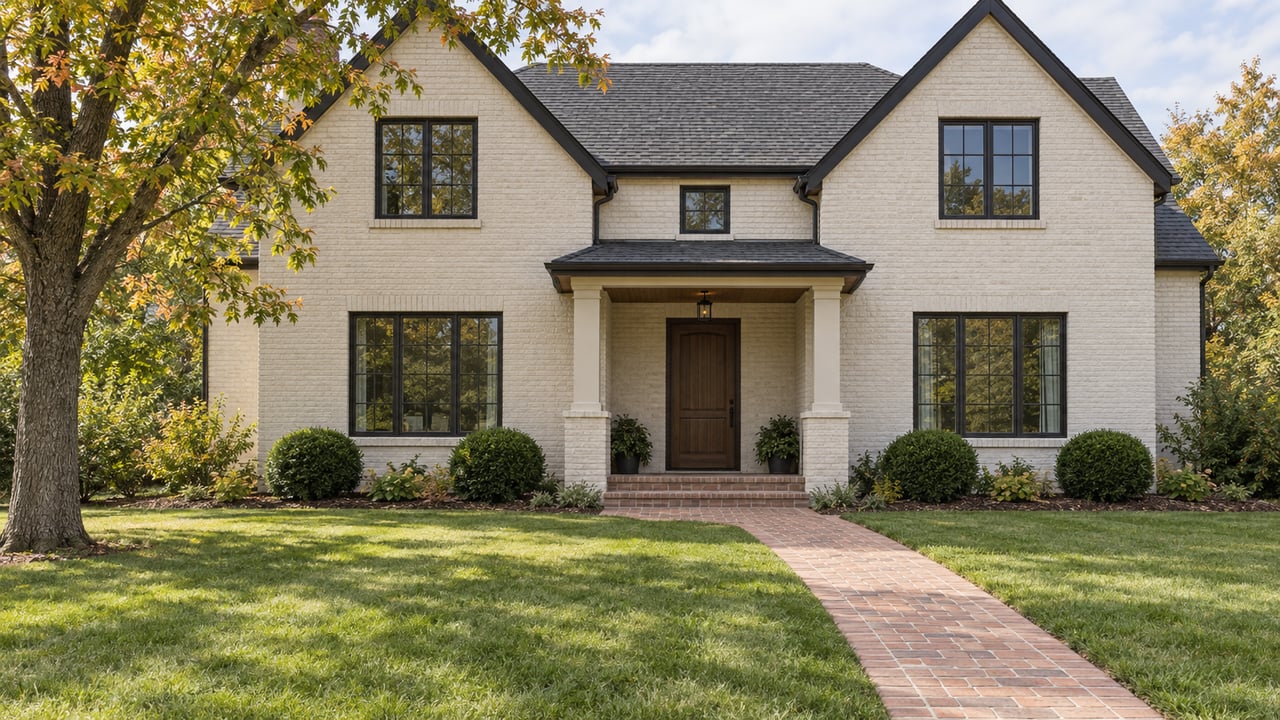 Light-painted brick two-story home with charcoal gables, balanced dark-framed windows, a brick approach and a broad autumn lawn.