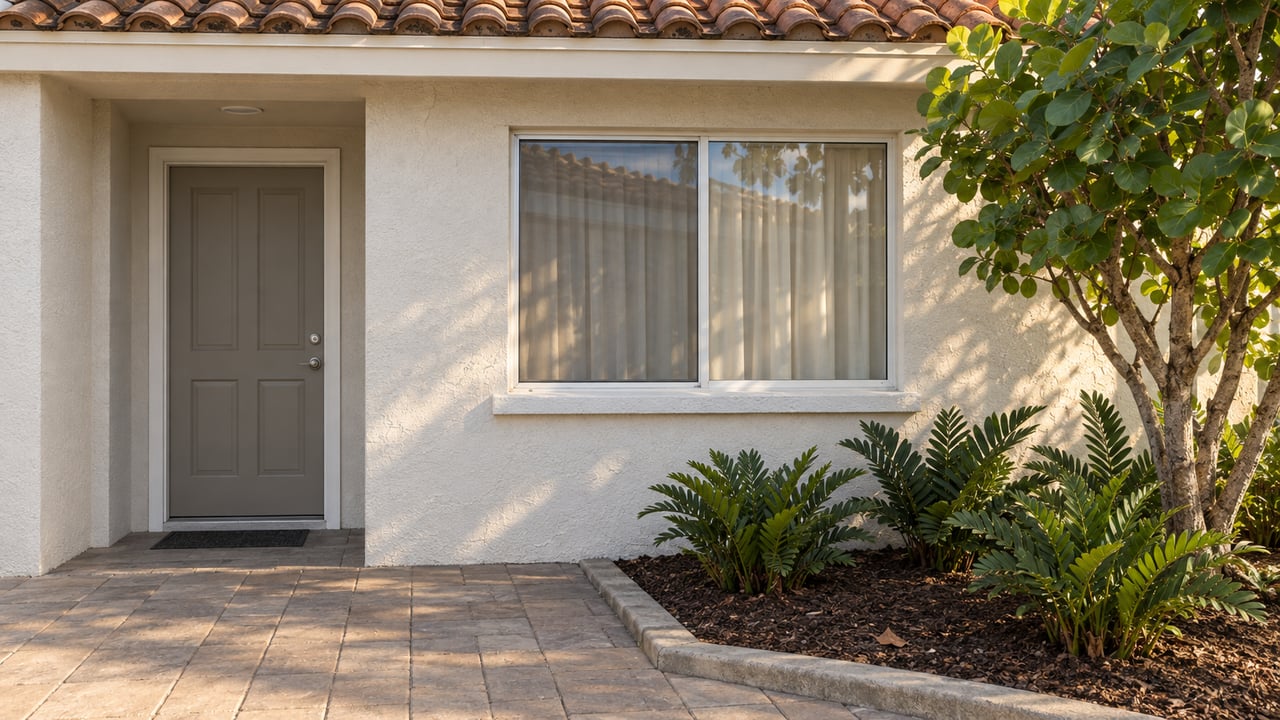 A sunlit condominium entry with off-white stucco, weathered terracotta tiles, a broad window and a curved-leaf specimen tree beside the paved approach.