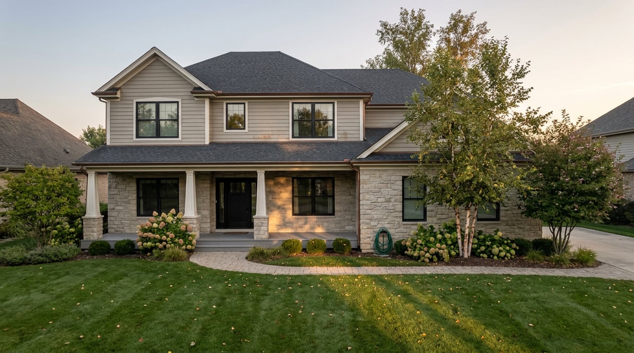 Two-story home with a stone lower facade, covered porch, curved paver walkway, and autumn-colored trees.