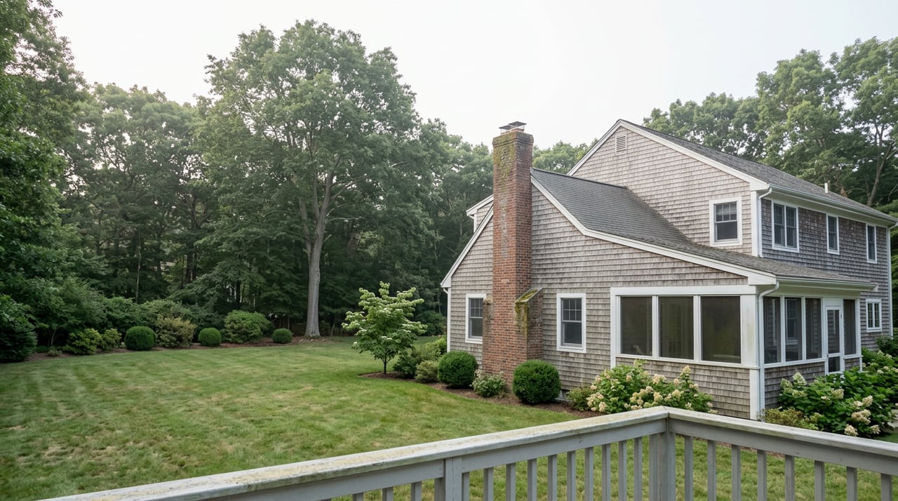 Shingle-clad home and screened porch overlook a broad lawn bordered by mature trees and shrubs.