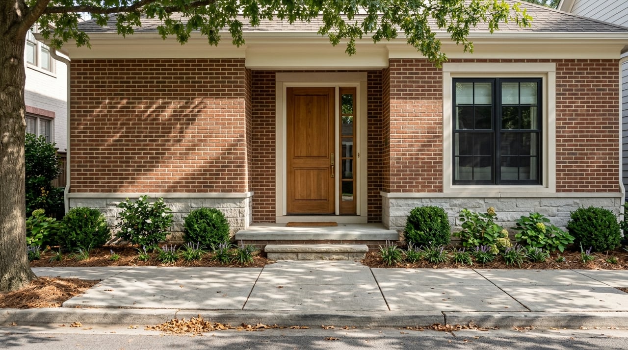 Brick townhouse frontage with a short stoop beside a sidewalk and neatly trimmed plantings.