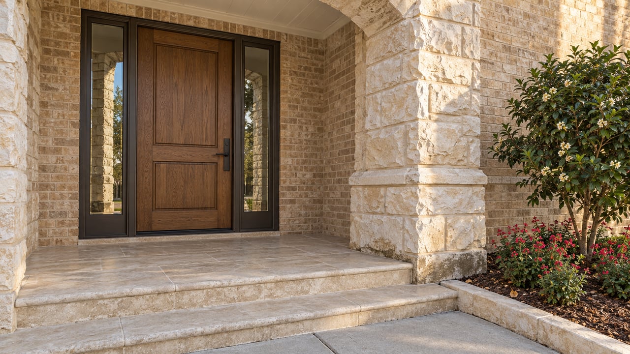 Sheltered limestone and tan-brick home entrance with an oak door, paired sidelights and broad stone steps beside a small planted bed.