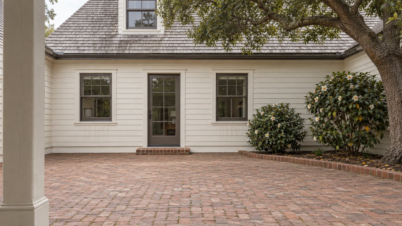 Brick courtyard beside an ivory clapboard home with a steep shingled roof, bronze-framed windows, a mature oak and two camellias.