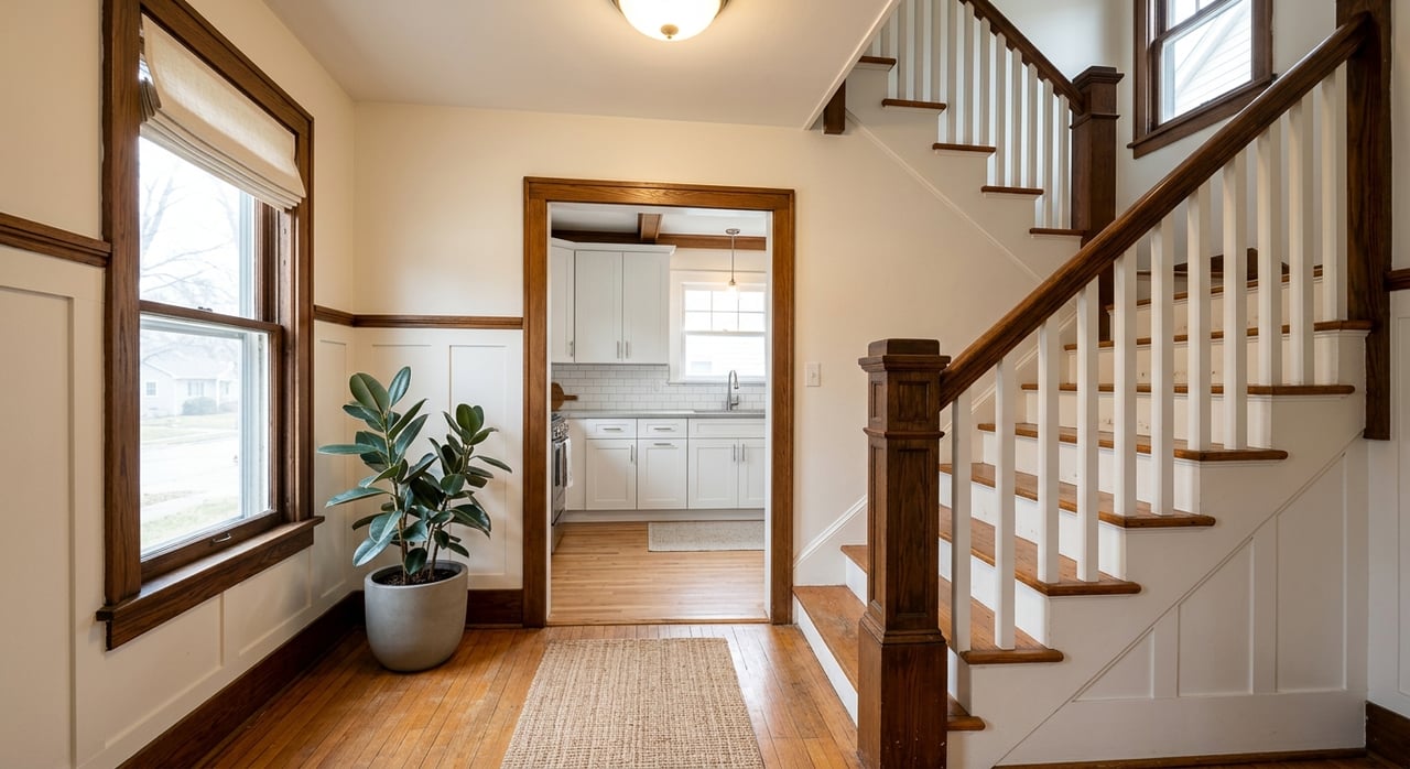 Oak-trimmed foyer staircase with a white kitchen visible in the background.