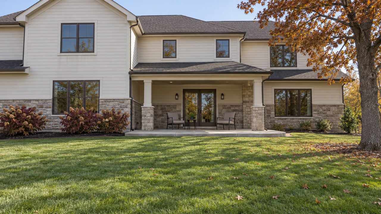 An off-white gabled home with taupe stone accents overlooks a deep lawn, concrete terrace, and russet-leaved white oak.