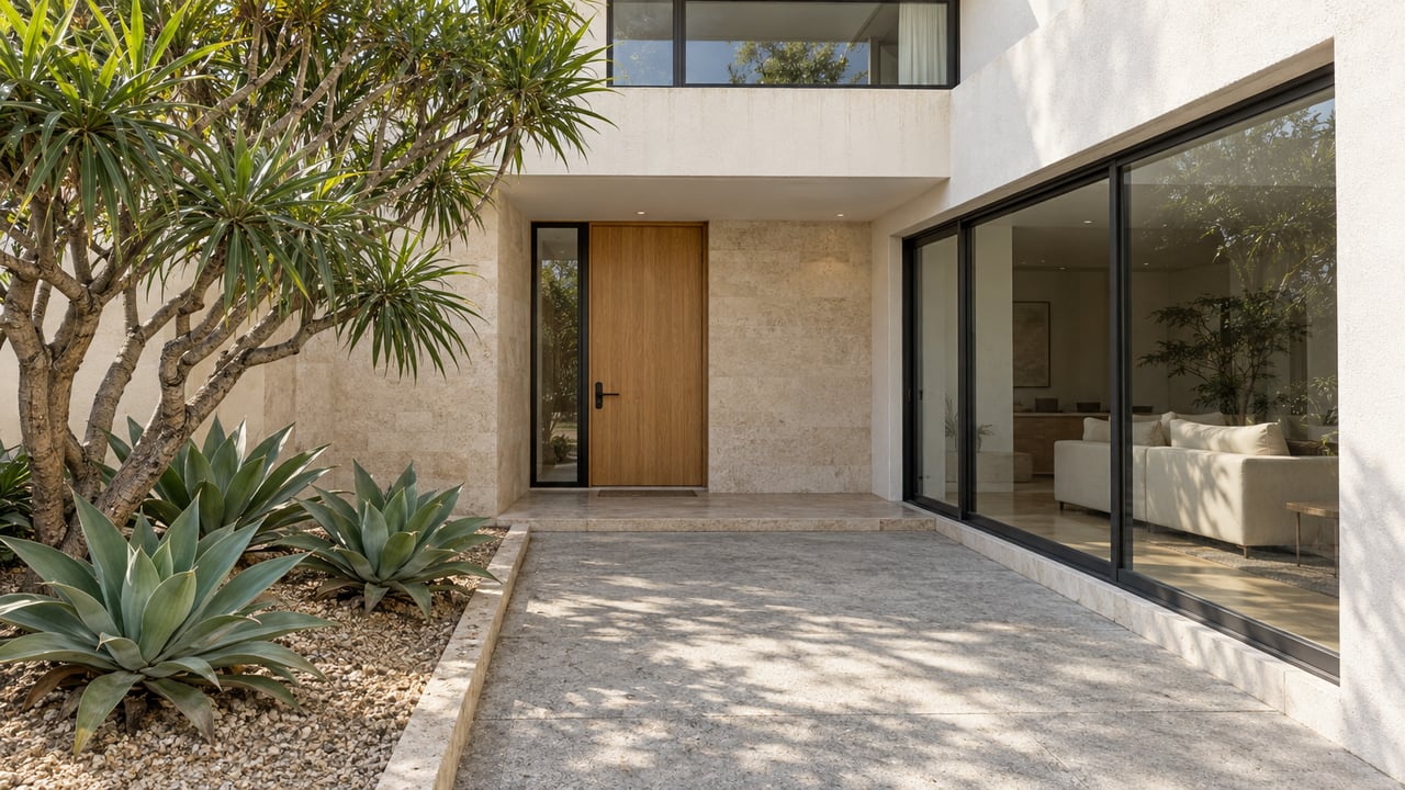 Sunlit contemporary home entry with white stucco, an oak door, limestone walls and sculptural succulents beside a concrete approach.